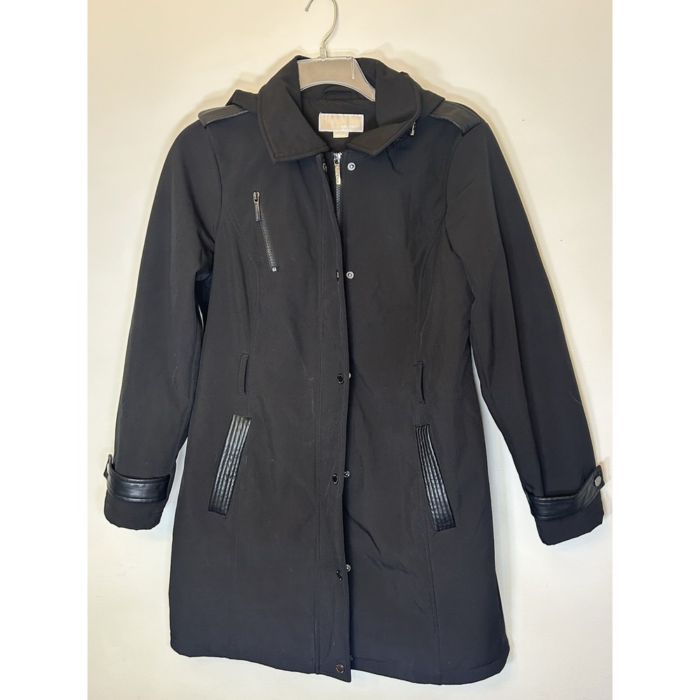 Michael Kors Coat Women L Black Softshell Full Zip Snaps Removable Hood Pockets